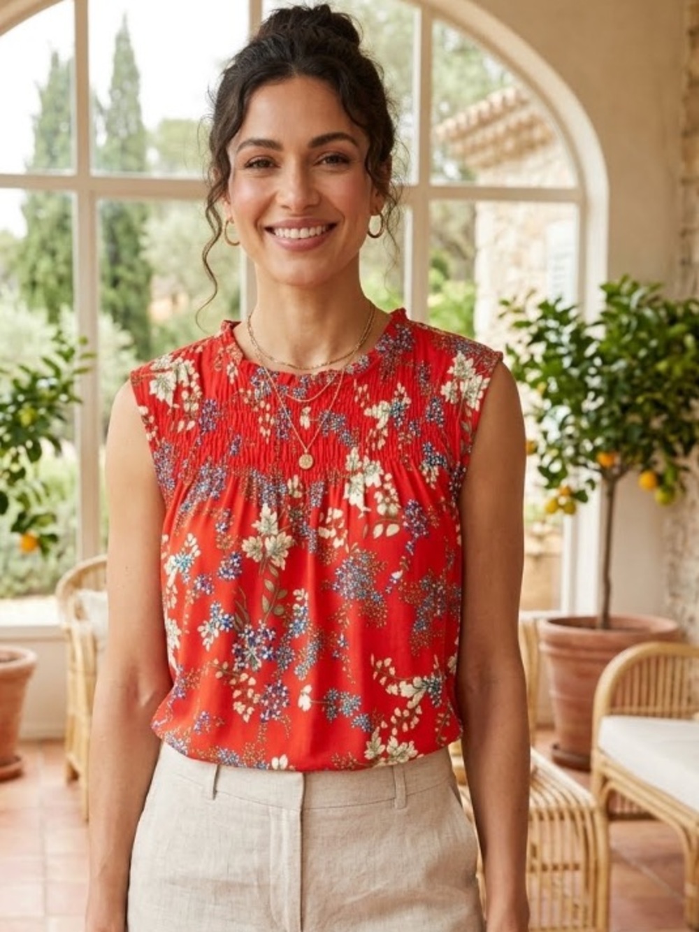 Summer Floral Red Sleeveless Top
